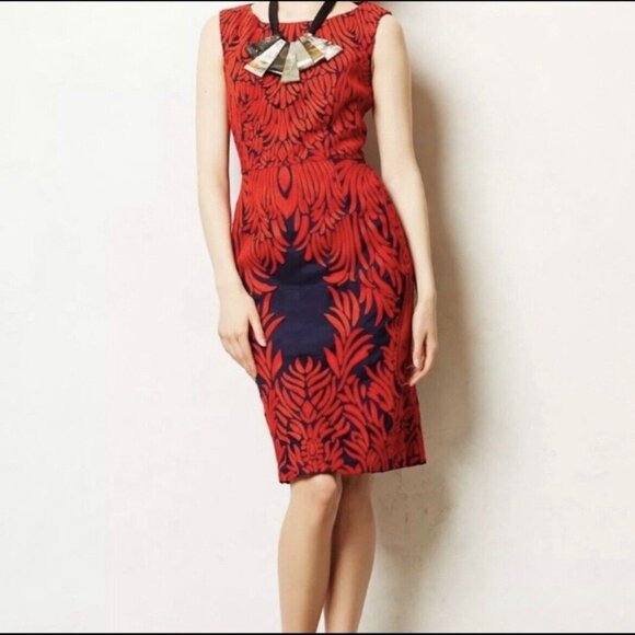 Anthropologie Pankaj & Nidhi Spice Tree Embroidered Sheath Dress Navy Red - Picture 11 of 12